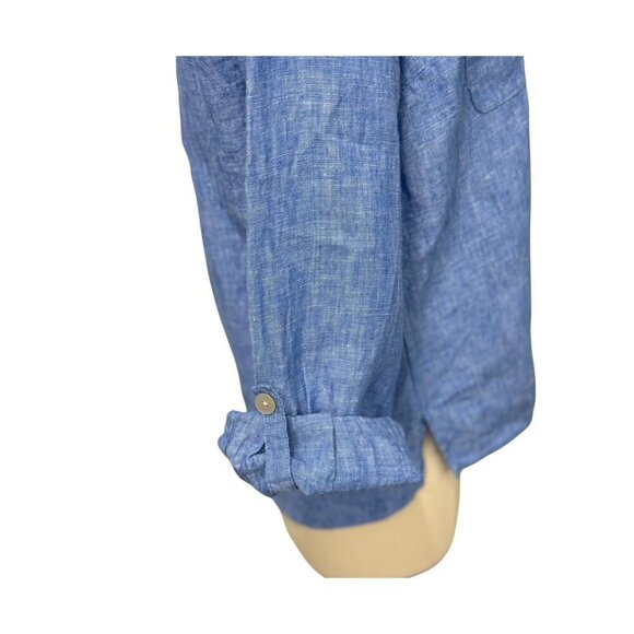 John Mark Linen V-Neck Blouse Long Roll Tab Sleeves Tie Waist Blue Resort Size S - Picture 6 of 11